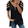 2024 Summer New Fashion Women's V-neck Zipper T-shirt Short Sleeve Off Shoulder Top Loose Shirt