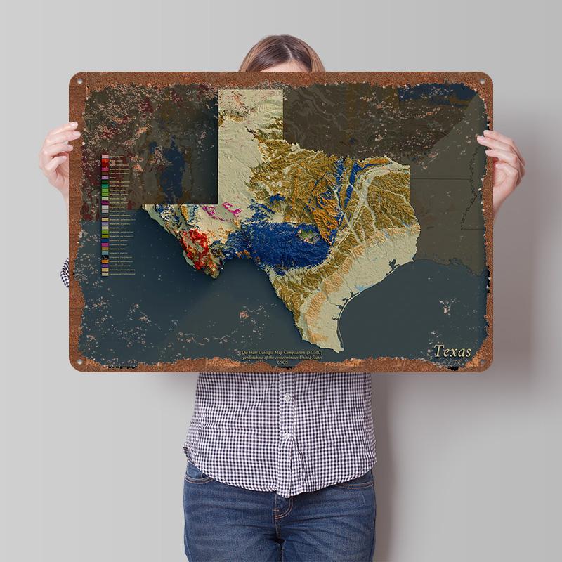 Texas Geologic Map Metal Poster Customized Wall Art Retro Vintage Tinplate Signs for Man Cave Modern Home Decoration Living Room