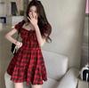 Red Plaid Dress for Women In Summer New French Classic Small Puff Sleeves Sweet First Love Skirt
