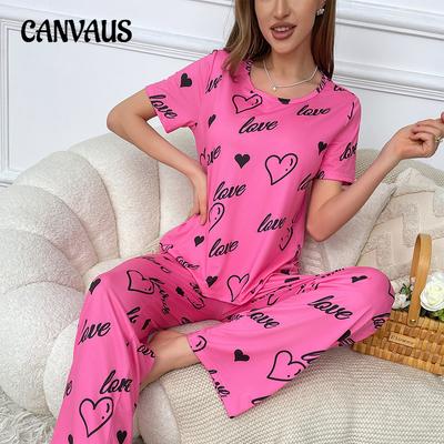 Пижамный костюм из молочного шелка Love Full Print с короткими рукавами и длинными брюками, комплект женской домашней одежды