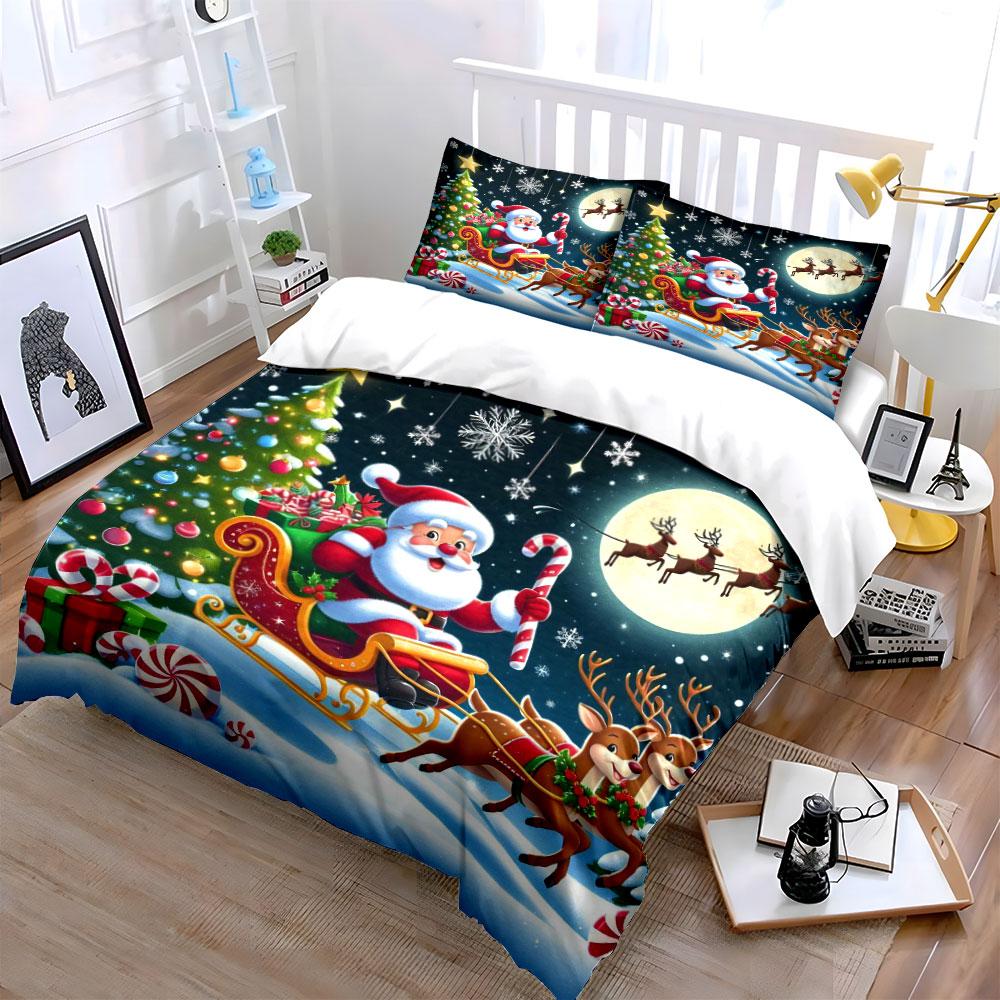 Santa, sleigh, reindeer, snowflakes. Bedding sets Duvet cover sets Duvet covers Pillowcases(1*Duvet Cover 2*Pillowcases without duvet insert)