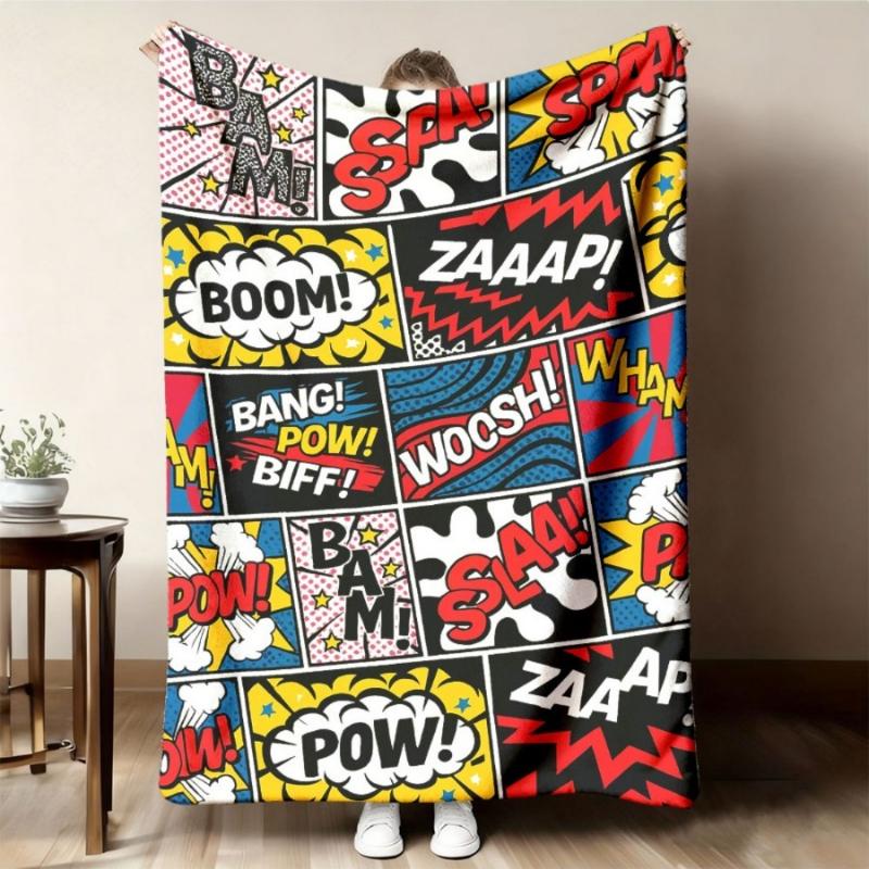 Cartoon Comic Sound Word Throw Blanket Multicolor Pop Art Grid Print Warm Fleece for Couch Travel Fashion Teen Room Decor