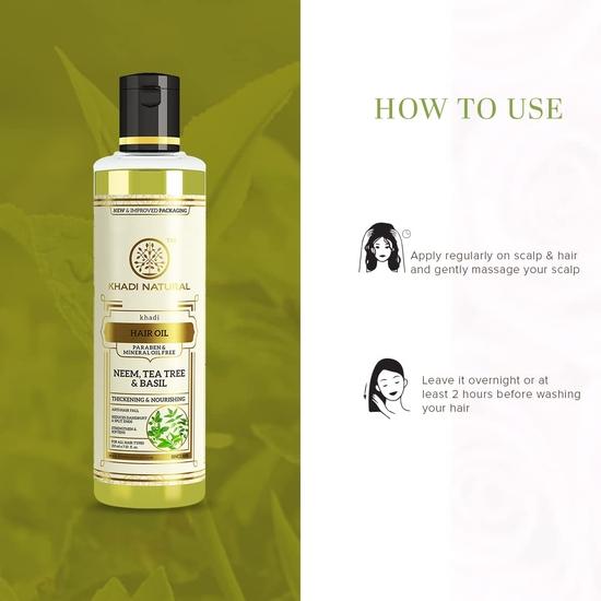 KHADI NATURAL Масло для волос с нимом, чайным деревом и базиликом, без парабенов и минеральных масел | Уникальная нежирная формула для волос | Усиливает рост волос | 210 мл