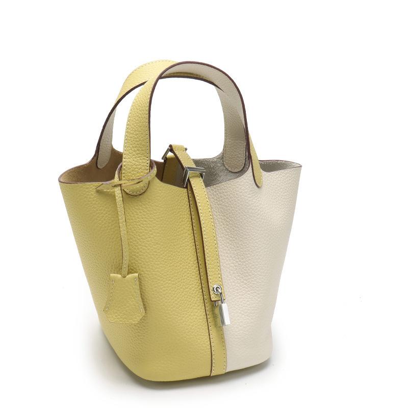 Новая женская сумка из натуральной кожи первого слоя с личи-узором, контрастной расцветки, сумка-корзина для овощей, модная ручная сумка, сумка-тоут, сумка-ведро