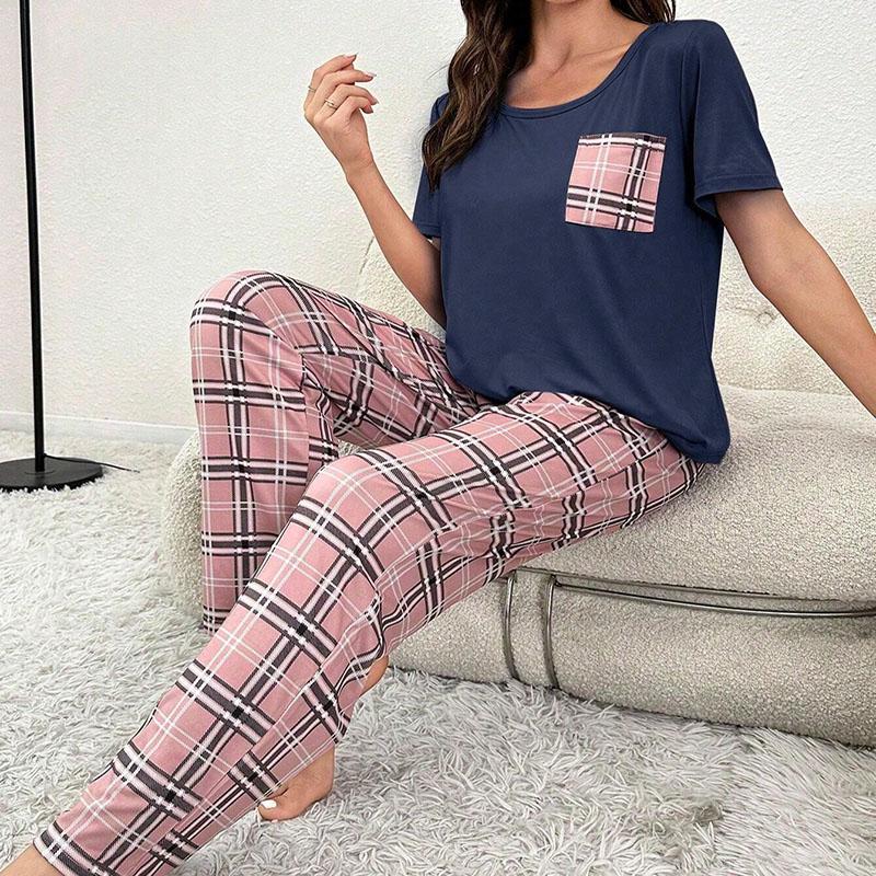 Пижамный комплект с круглым вырезом, длинным рукавом и бантом, коротким рукавом, разноцветный комплект для студентов, домашняя одежда из двух частей, длинные брюки в клетку