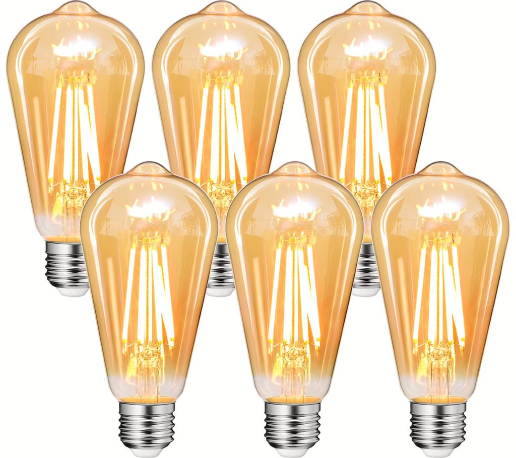 Tengyuan Edison Bulbs, LED Filament Bulbs, E26, 60W, Warm White, 2700K, 800lm, 6W, Omnidirectional, ST64, Amber Glass, GoldAmber, RetroAntique Style,