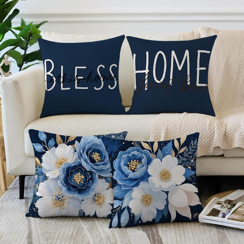 2D Flat - Set of 4 2D Flat Printed Floral Spring And Summer Minimalist Pillow Covers, Available in Multiple Sizes, Featuring Single-Sided Printing Wit
