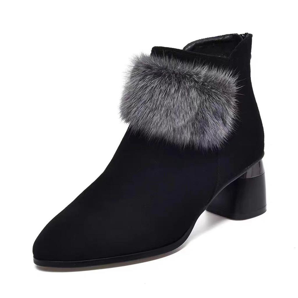 Fashion Short Boots Women Buckle Decoration Shoes Thick Heel Pointed Winter Warm Ankle Boot Casual Elegant Suede Boot