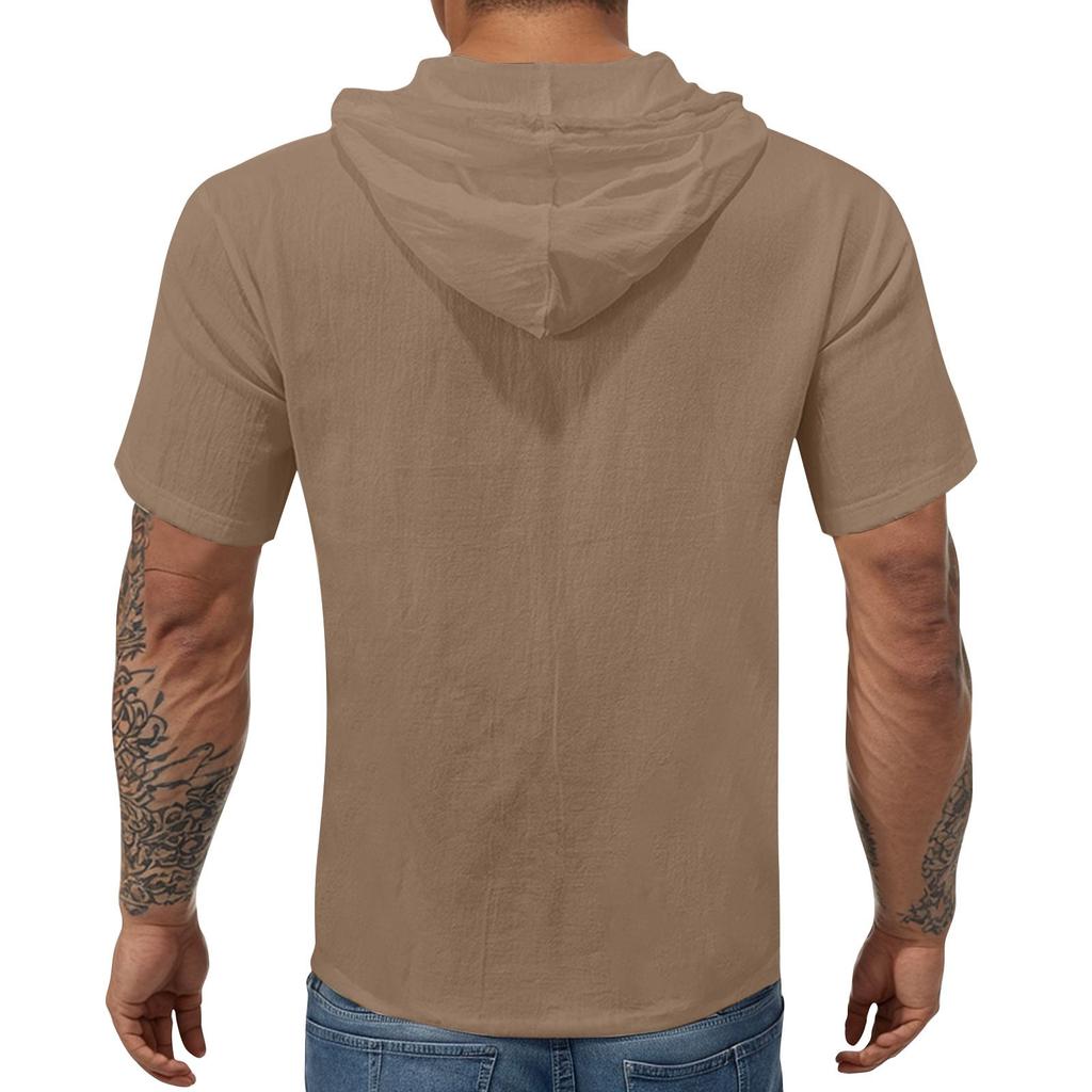 Мужская повседневная футболка с короткими рукавами, капюшоном и открытым воротом на пуговицах