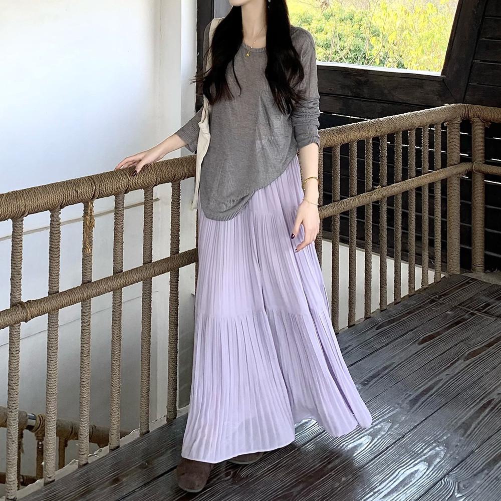 Women's Korean-Style Purple A-Line High-Waisted Mid-Length Cake Skirt for Autumn