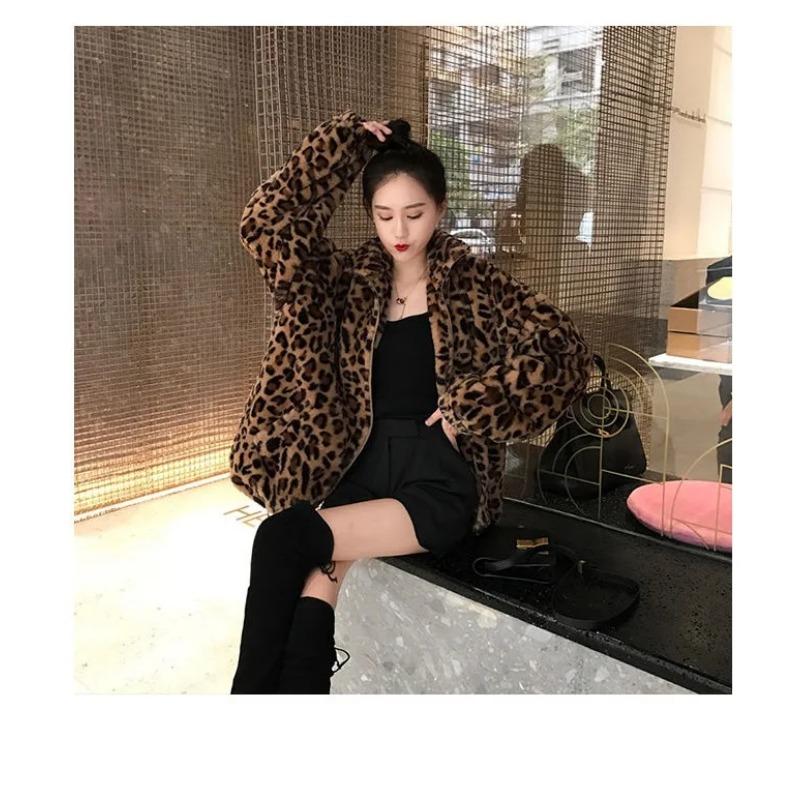 Зимняя куртка с леопардовым принтом, женская теплая парка с воротником-стойкой, верхняя одежда 2024 года, новые осенне-зимние корейские женские свободные пальто из искусственного меха