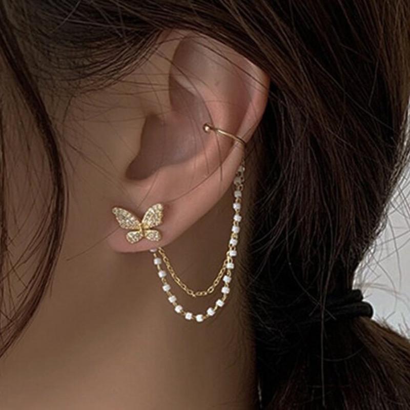 Серьги-кисточки из серебра 925 пробы с бабочками, жемчугом и цирконием, с клипсой-косточкой