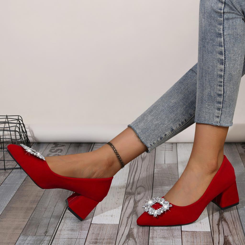 Модные французские туфли-лодочки с острым носком, на толстом каблуке, с кристаллами, пайетками и стразами, 2025 Новые весенне-осенние универсальные банкетные туфли