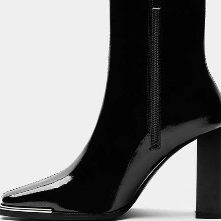 Kendou Same Short Boots Children In the Autumn and Winter of 2024 New Square Head Patent Leather Thick Heel Short Tube Thin High Heel Thin Boots