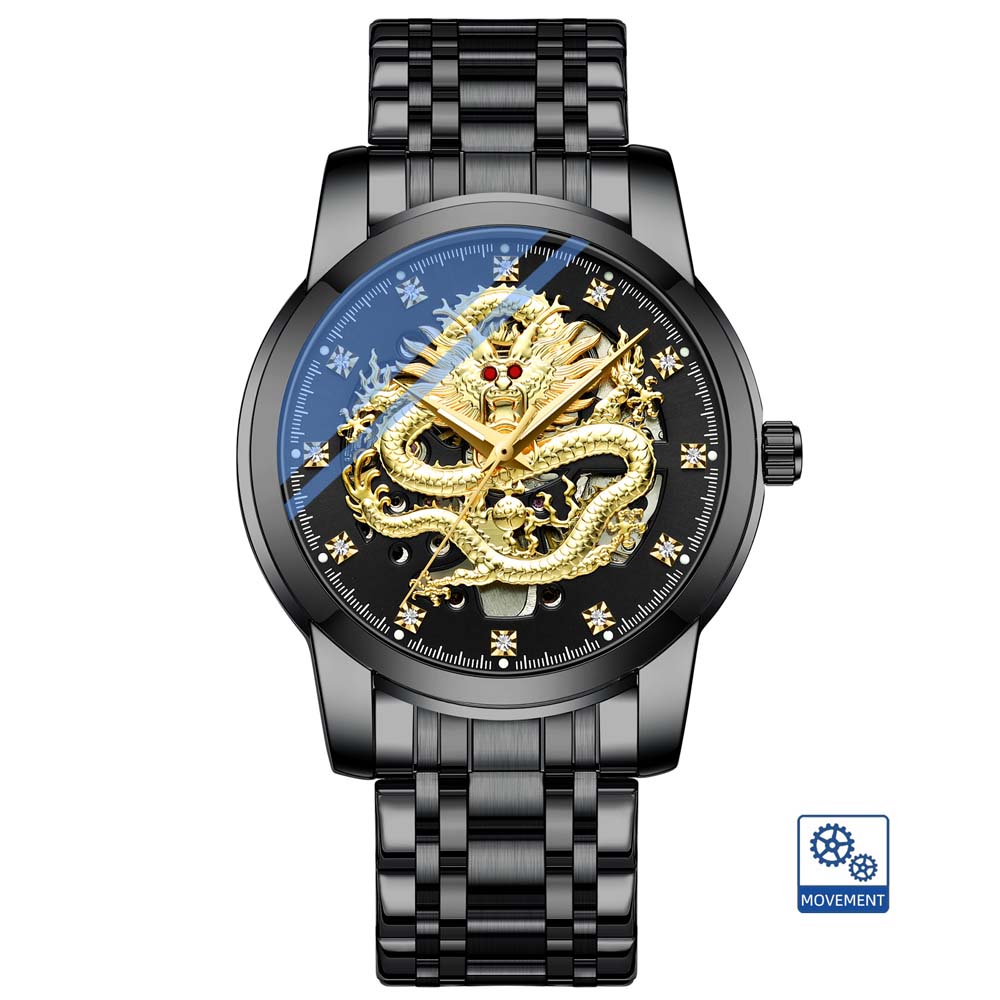 CHENXI Fully Automatic Mechanical Watch Embossed Golden Dragon Skeleton Design Waterproof Chinese Dragon Fashion Men's Watch