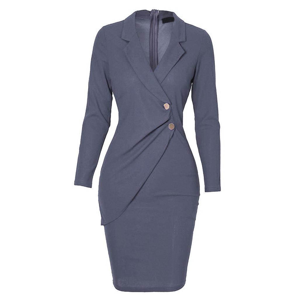 OhBaby Women's Lapel Bodycon Button Long Sleeve Slim Fit Business Suit Midi Dress Blazer