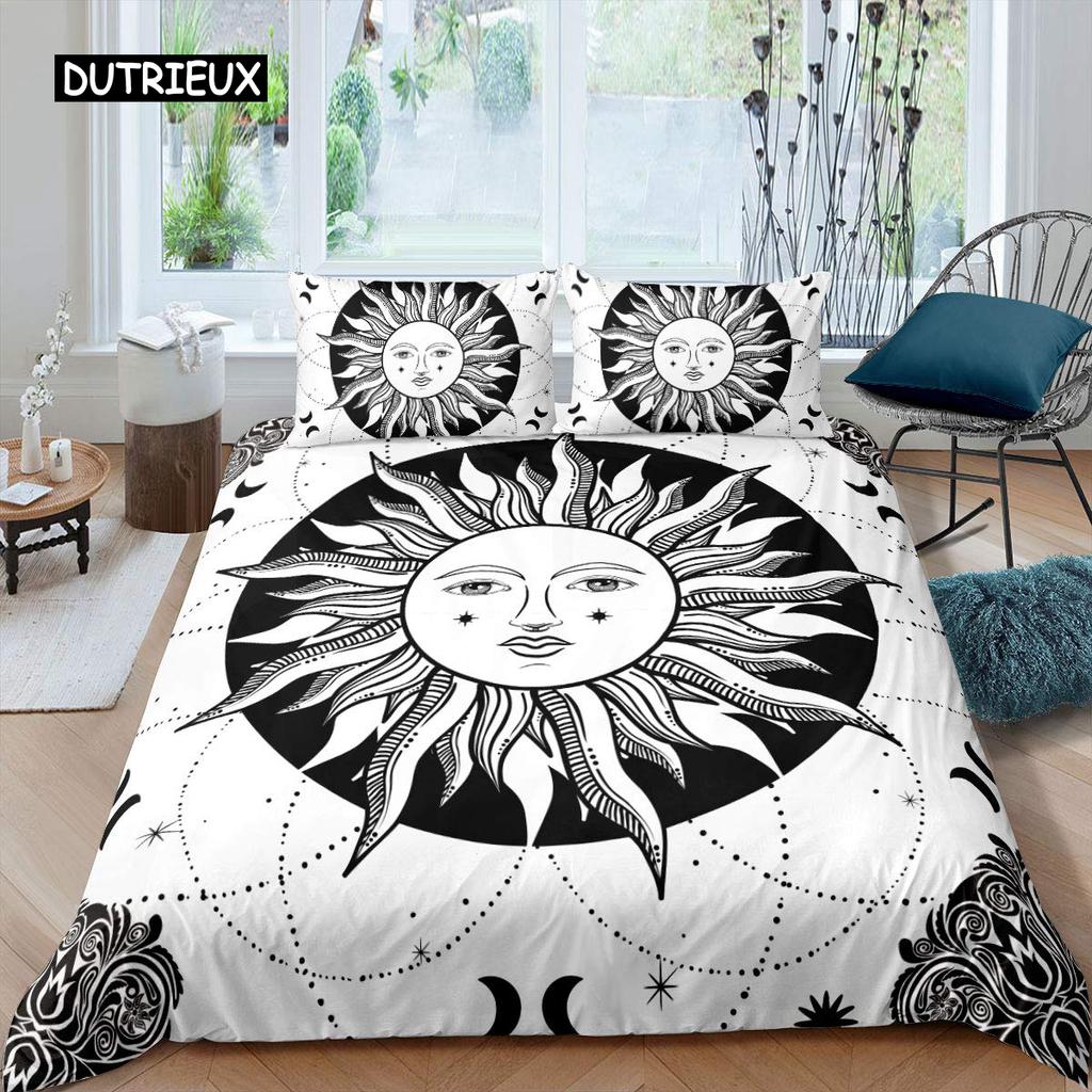 Комплект пододеяльника Sun Moon Queen Микрофибра Богемный Черно-белый принт Инь Ян Пододеяльник Галактика Звезда Полуторный Комплект постельного белья
