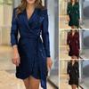Women Prom Party Dress Lapel V Neck Lace Up Wrap Tight Waist Shiny Sequin Long Sleeve Slim Fit Solid Color Irregular Commute Mini Dress