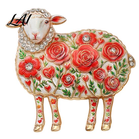 Lamb Brooch Pin Rhinestone Floral for Women Flower Sheep Alloy Lapel Decorative Pin Animal Jewelry Clothing Suits Scarves Bags