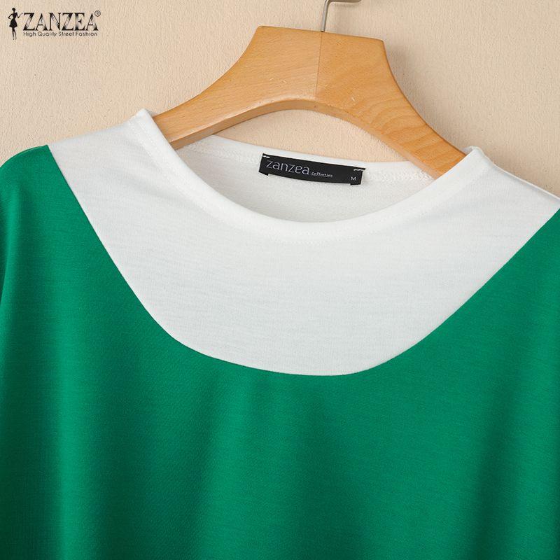 ZANZEA Women Casual Round Neck Long Sleeve Splice Pullover Blouse Autumn