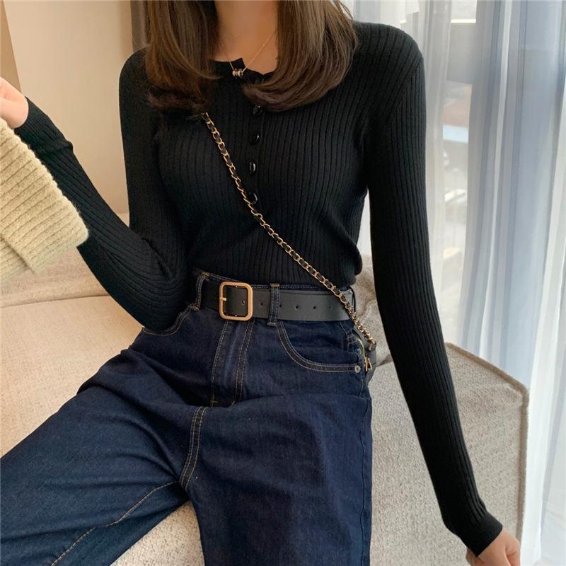 Women Long Sleeve Knitted Sweater Spring Autumn Button O Neck Inside Tight Knit Pullover Top EMA