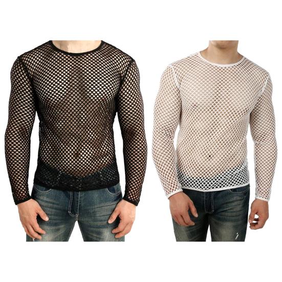 Мужской клубный топ, прозрачный ажурный сетчатый круглый вырез с коротким рукавом, свободный тонкий пуловер в стиле хип-хоп, уличная мужская футболка