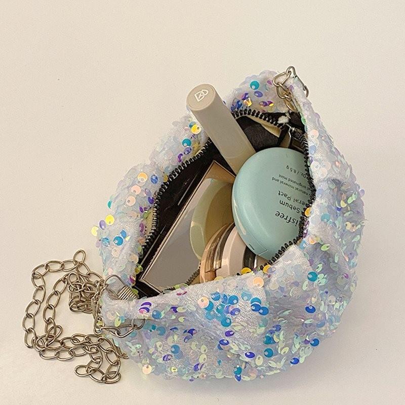 Trendy Mini Half Moon Pu Crossbody Bag With Shiny Sequins For Stylish Women