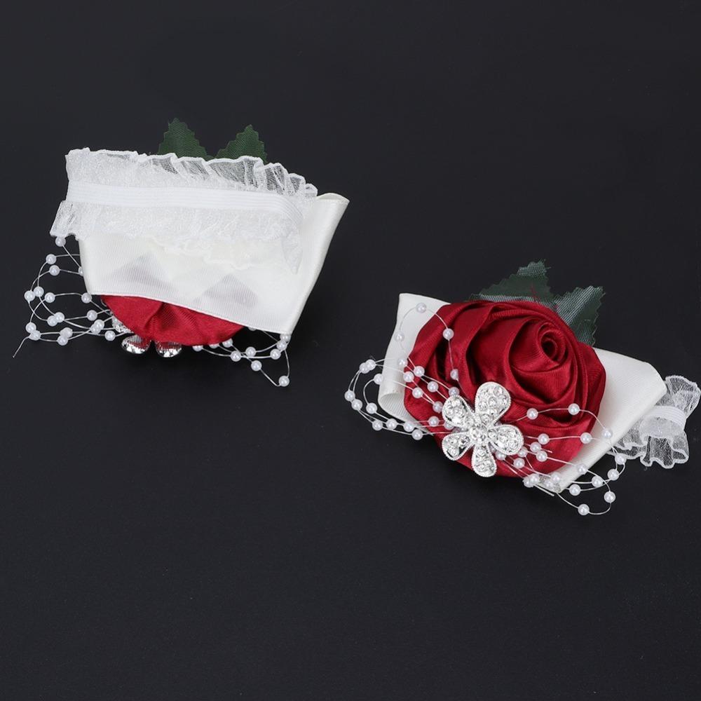 2pcs Diamond Rose Wrist Corsage Rose Red Wedding Corsage Beautiful Hand Flower For Bridesmaid