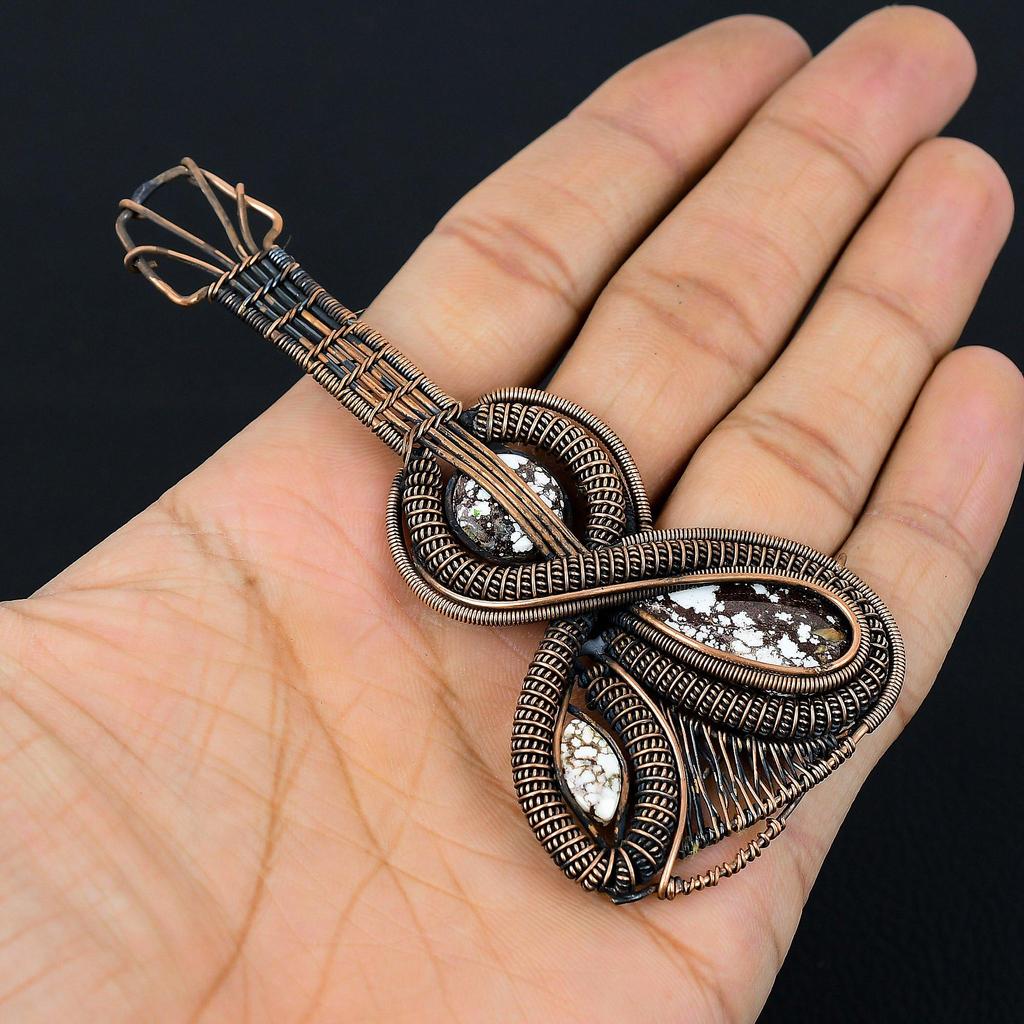 Драгоценный камень дикой лошади в форме гитары, чистая медная проволока, обернутая подвеска ручной работы, ювелирные изделия для подарка