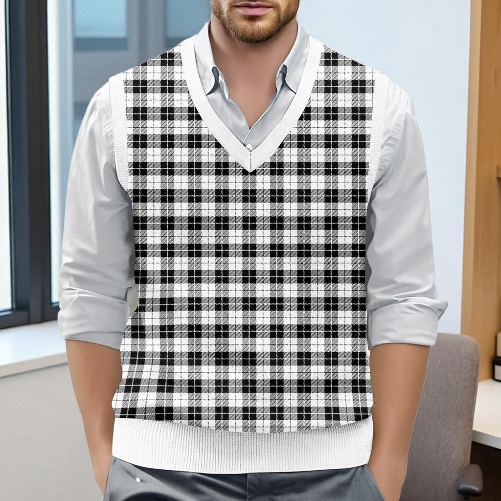 Мужской жилет без рукавов с клетчатым принтом и V-образным вырезом, вязаный джемпер