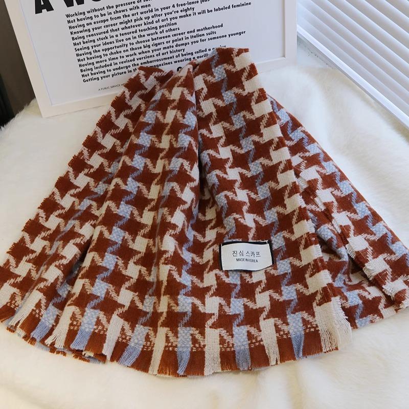 Black and White Plaid Scarf Women's Autumn and Winter Imitation Cashmere Couple Warm Scarf Thousand Bird Grid Versatile Fringed Shawl