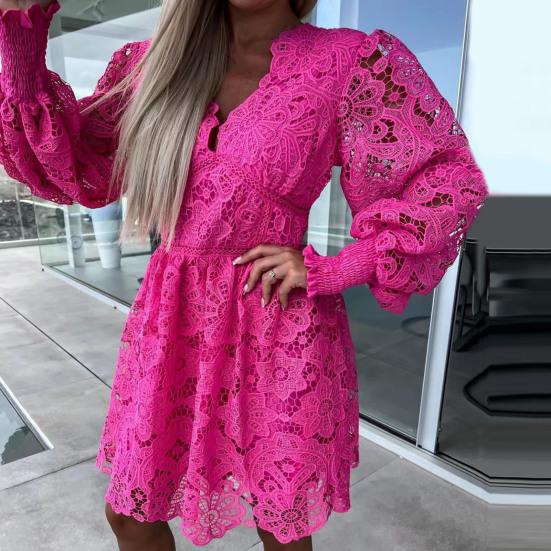 Женское осеннее платье, кружевное ажурное трапециевидное платье со свободным подолом, v-образным вырезом и длинным рукавом, однотонное женское платье миди длиной до колена