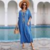 Retro Embroidery O Neck Batwing Sleeve Kaftan Dress Beachwear Swimsuit Cover-ups 2024 Women Summer Plus Size Robe Cover Up Q1585