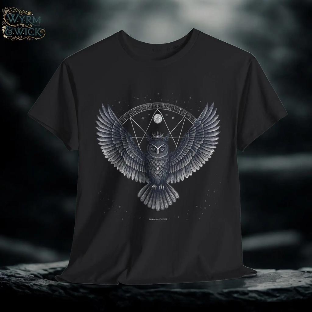 Crowned Owl T Shirt Fantasy Bird Design White Ink Print Vintage Breathable Fashion Slightly Graphic Homme Soft