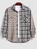 Men's Casual Fuzzy Flannel Colorblock Plaid Flap Pockets Button Up Long Sleeve Shacket