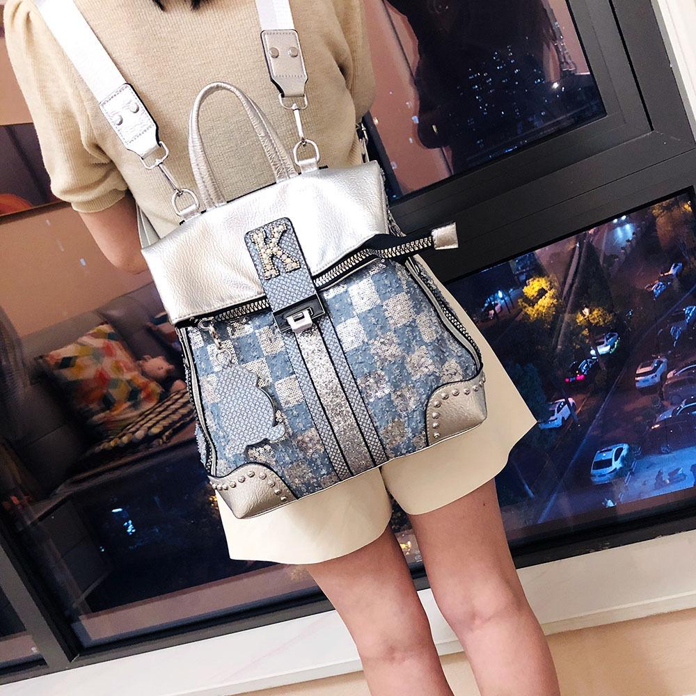 Denim Sequin Checkered Backpack, Crossbody Bag, Women's Bag, Multi-purpose Single Shoulder Fashionable and Personalized Backpack