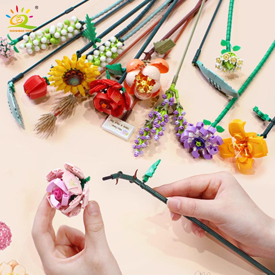 Цветочный букет, строительный блок, 3D модель, кирпичи, игрушки для девочек и мальчиков, набор друзей, имитация розы, растение в горшке, подарок