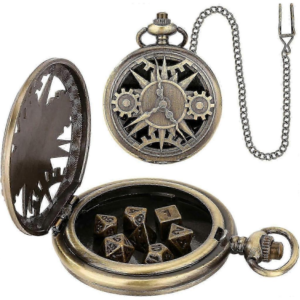 Mini DND Dice Set with Steampunk Bronze Hollow Case for Pocket Watch, 7Pcs Polyhedral Metal Dice Set, Dungeons and Dragons Gifts
