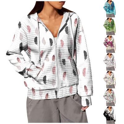 Женская мода с цветочным принтом и длинными рукавами, свободная толстовка с капюшоном и карманом на молнии, куртка