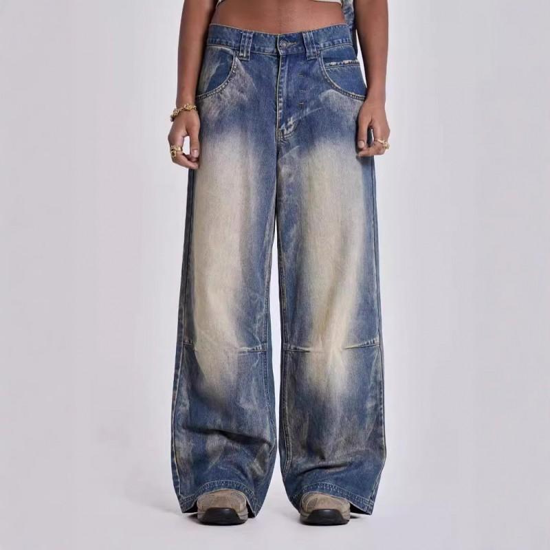 Womens Low Rise Straight Leg Denim Jeans With Vintage Wing Print Streetwear Style S M L