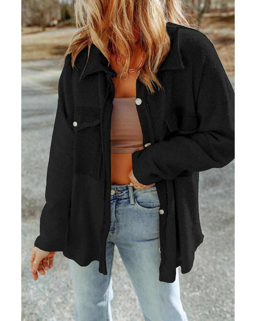 Azura Exchange Black Contrast Flap Pockets Relaxed Shacket