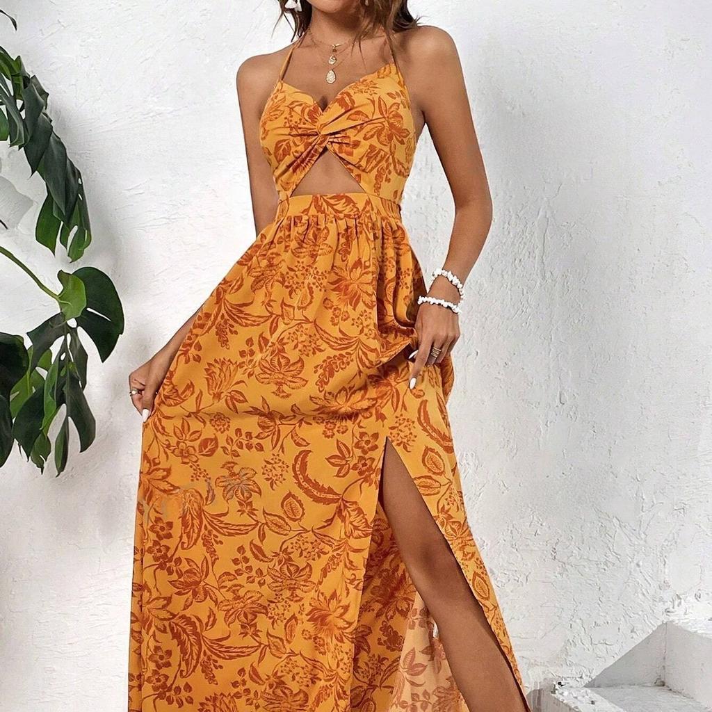 New Border Hollow Out Ruched Halter Print Dress Elegant Romantic Style