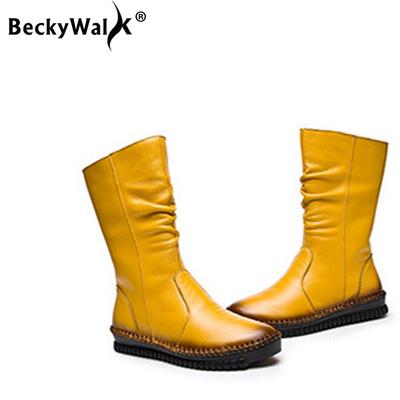 Модные женские ботинки из коровьей кожи высокого качества до середины икры, осенне-зимние женские ботинки, большой размер 43, женская обувь на плоской подошве WSH3437