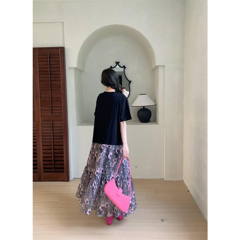 DIMANAF Женское лето 2025 Большой размер Повседневное с коротким рукавом Новое Оверсайз Плиссированное Кружевное С цветочным принтом Длинное Платье-рубашка Свободное Платье