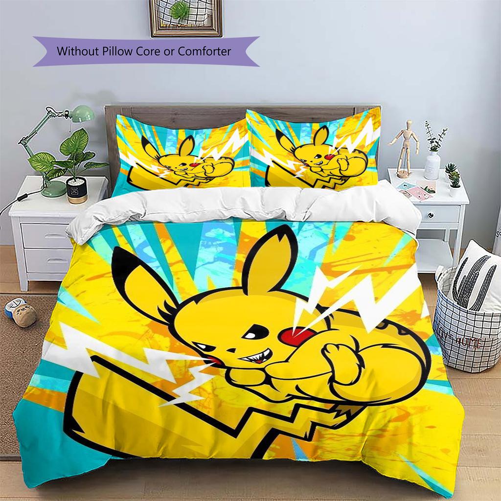Pikachu Patterned Pillowcase & Duvet Cover Set Decor Anime Bedding for Bedroom Use Premium Gift for Anime Collectors.-TING