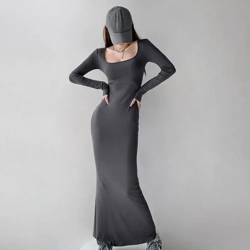 Y2K Sexy Black Dress Women Vintage Wrap Slim Bodycon Long Dresses Party Evening Square Collar Fashion Spring Outfits