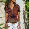 Bohemian Vintage Printed Women Short Sleeve Loose Zipper Neck T-shirt