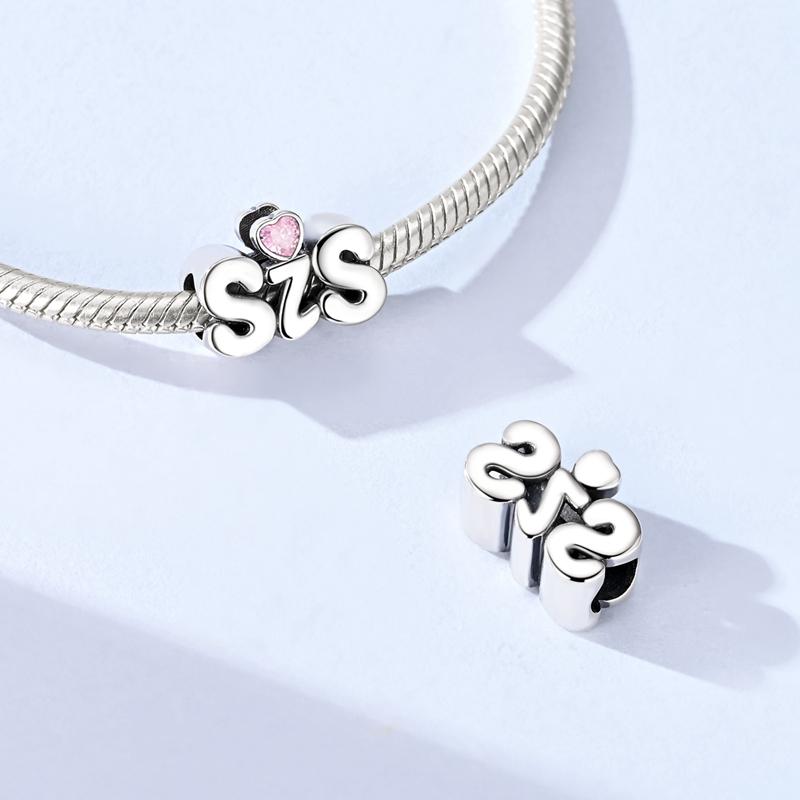 Original 925 Sterling Silver Charms Pink Heart Zircon Sister Bead Fit Original Bracelets For Women DIY Jewelry Gift