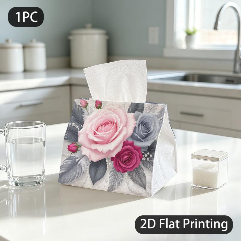 1pc Tissue Box, ELEGANT FLORAL ROSES FEATHERS PEARLS ROMANTIC Pattern, 2D Flat Printing, Multi-Use, Washable, Napkin Box, for Home