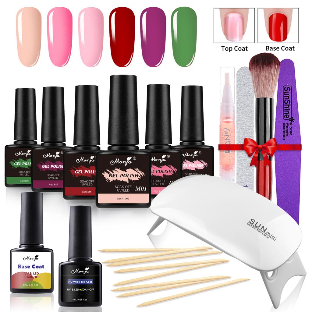 monja Наборы для ногтей, 14 шт./компл., сушилка, 8 бутылочек, 8 мл, УФ-гель-лак, базовое верхнее покрытие, светодиодная лампа, сушильная кисть для отверждения, рисование, рисунок, инструмент для дизайна маникюра «сделай сам»